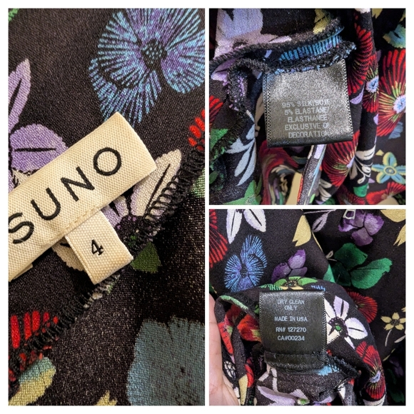SUNO Stretch-Silk Multicolor Floral Fit-&-Flare Quarter Sleeve Mini Dress- 4 - Picture 10 of 16
